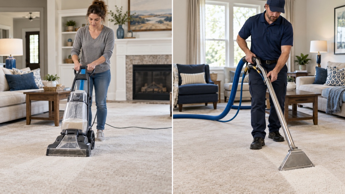 Homeowner using a compact carpet cleaner beside a professional using an extraction wand
