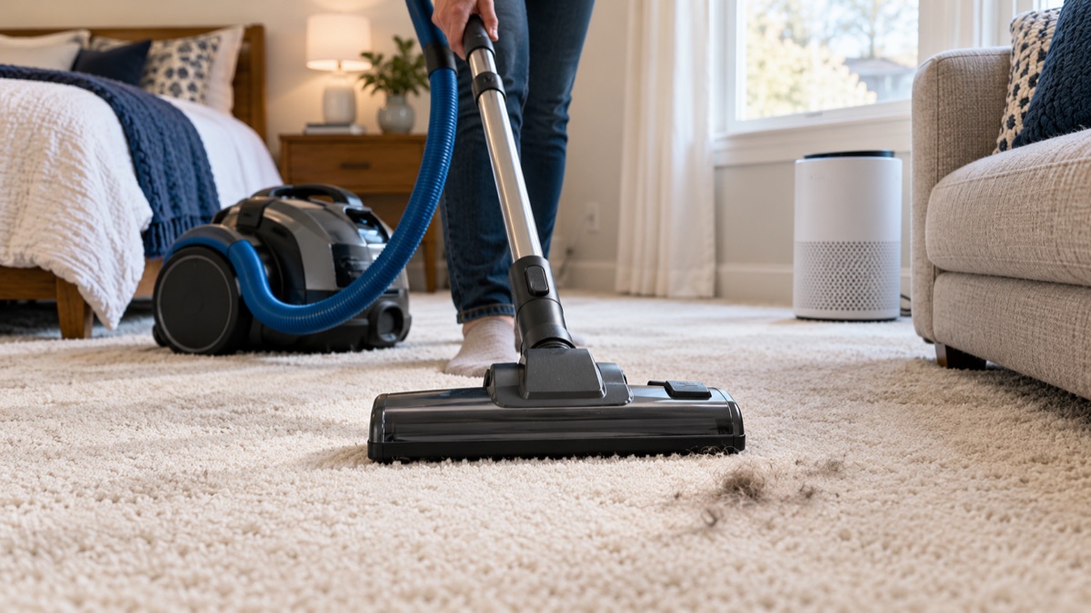 Vacuum head removing pet hair from carpet with an air purifier nearby