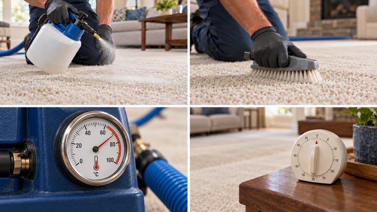 Four views of cleaning solution, brush agitation, a temperature gauge, and a dwell-time timer