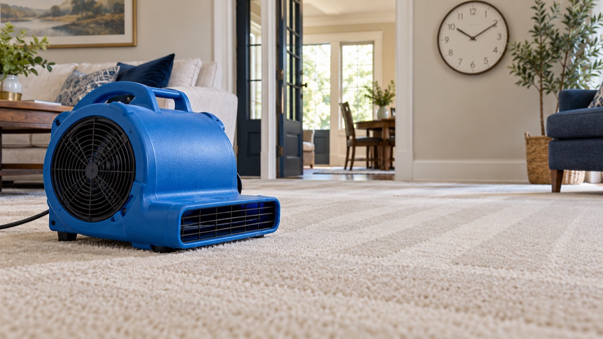 Blue air mover drying freshly cleaned carpet with a wall clock in the background