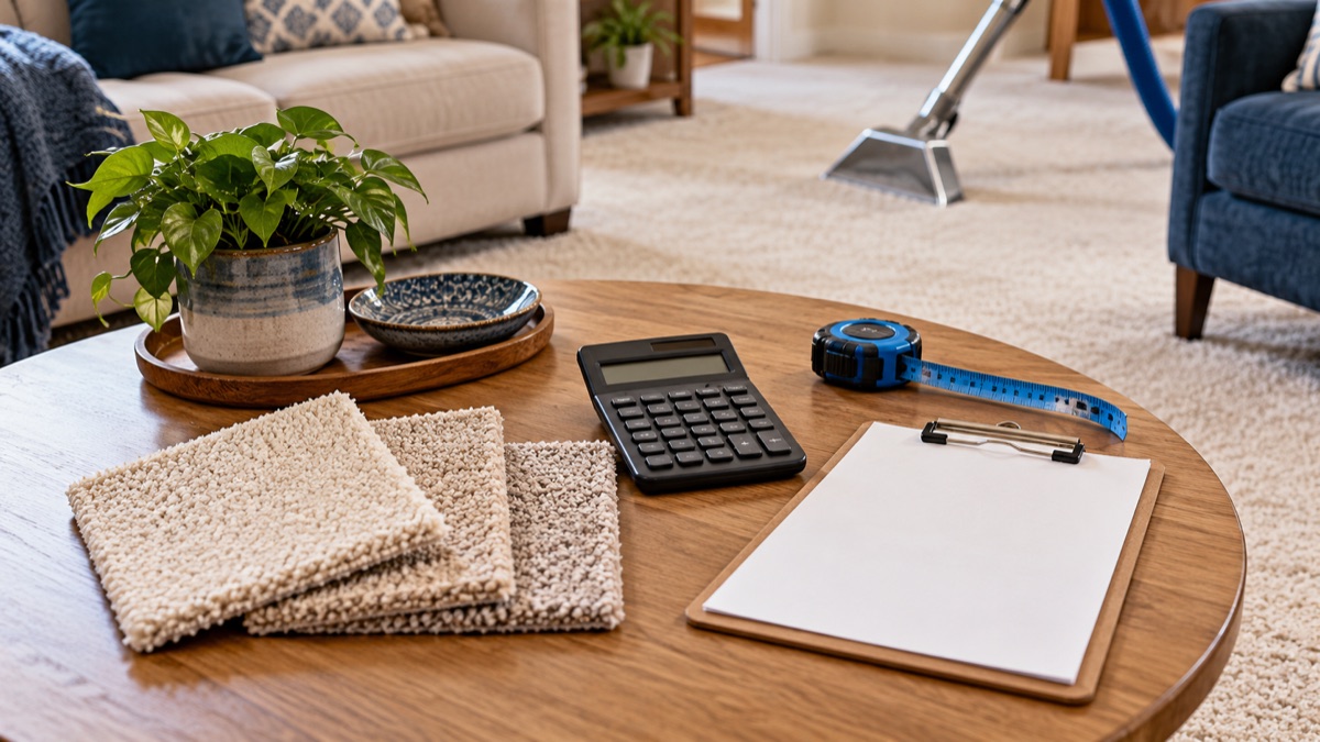 Calculator, measuring tape, and carpet samples used to estimate cleaning costs