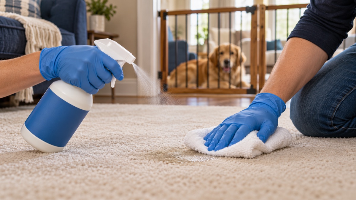 Gloved hands applying pet stain treatment and blotting carpet while a dog stays behind a gate