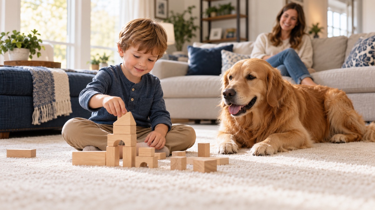Child playing with wooden blocks and a dog resting on clean, dry carpet