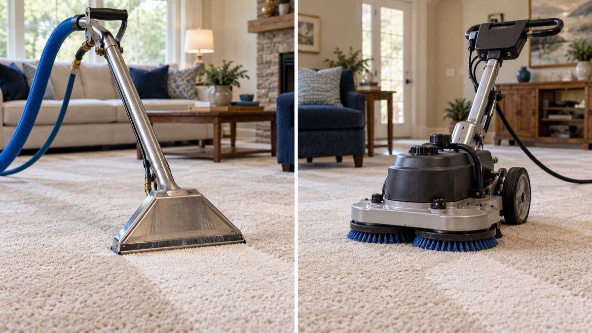 Side-by-side hot water extraction wand and low-moisture carpet cleaning machine