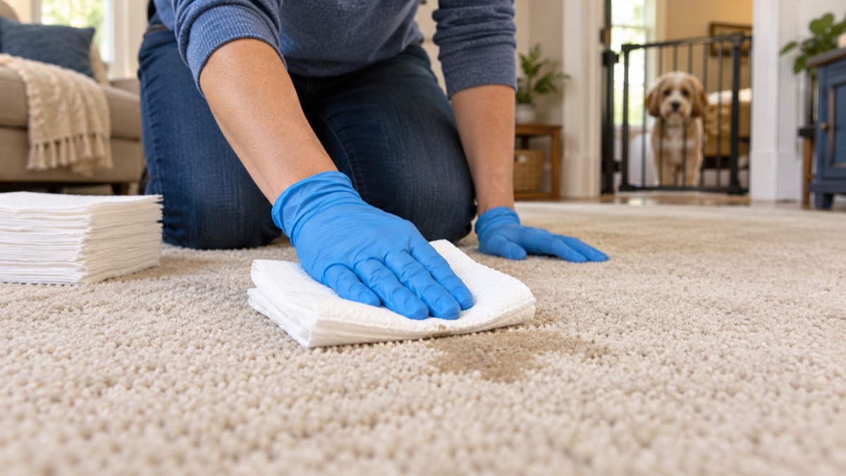 Gloved hands blotting a fresh pet accident with white paper towels