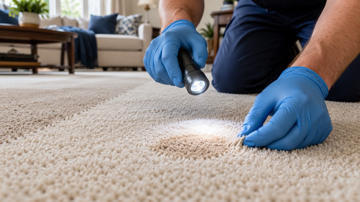 Gloved hand inspecting a returning carpet spot with a flashlight